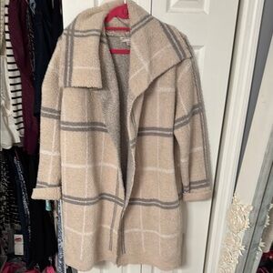 Barefoot Dreams Cozychic Windowpane Drape Cardigan in Stone Multi Sweater L